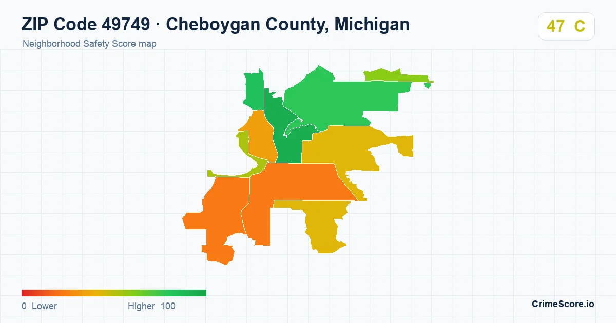 ZIP Code 49749 in Cheboygan County, Michigan neighborhood Safety Score map