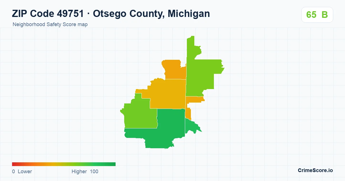 ZIP Code 49751 in Otsego County, Michigan neighborhood Safety Score map