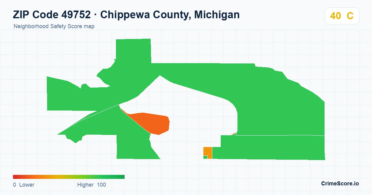 ZIP Code 49752 in Chippewa County, Michigan neighborhood Safety Score map