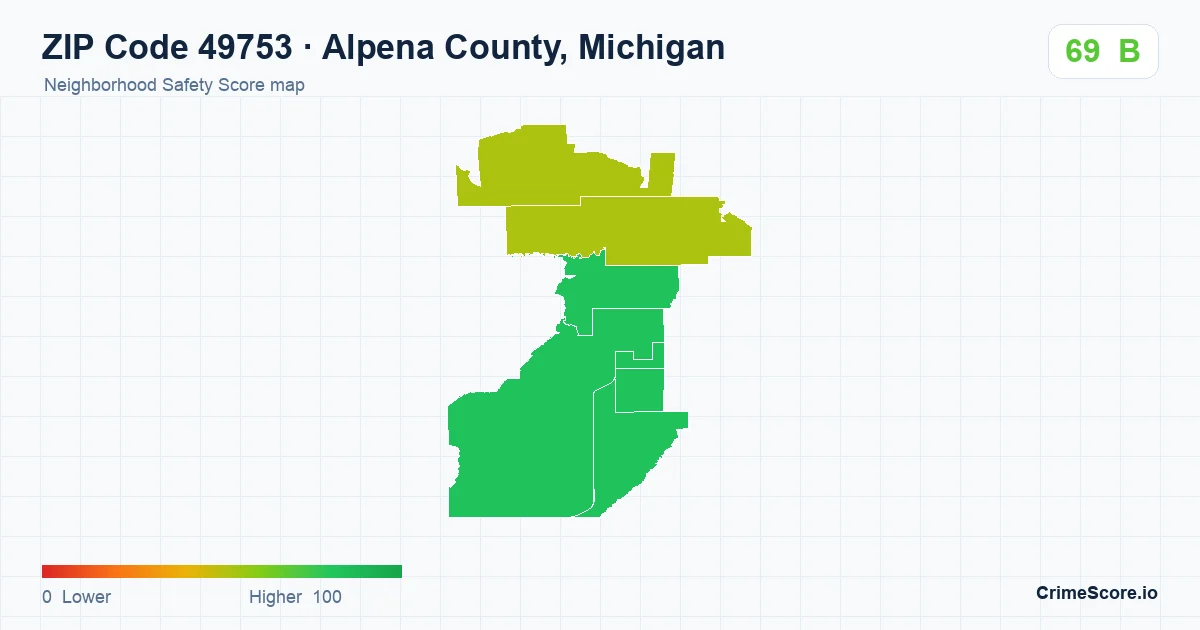 ZIP Code 49753 in Alpena County, Michigan neighborhood Safety Score map