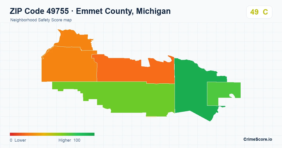 ZIP Code 49755 in Emmet County, Michigan neighborhood Safety Score map
