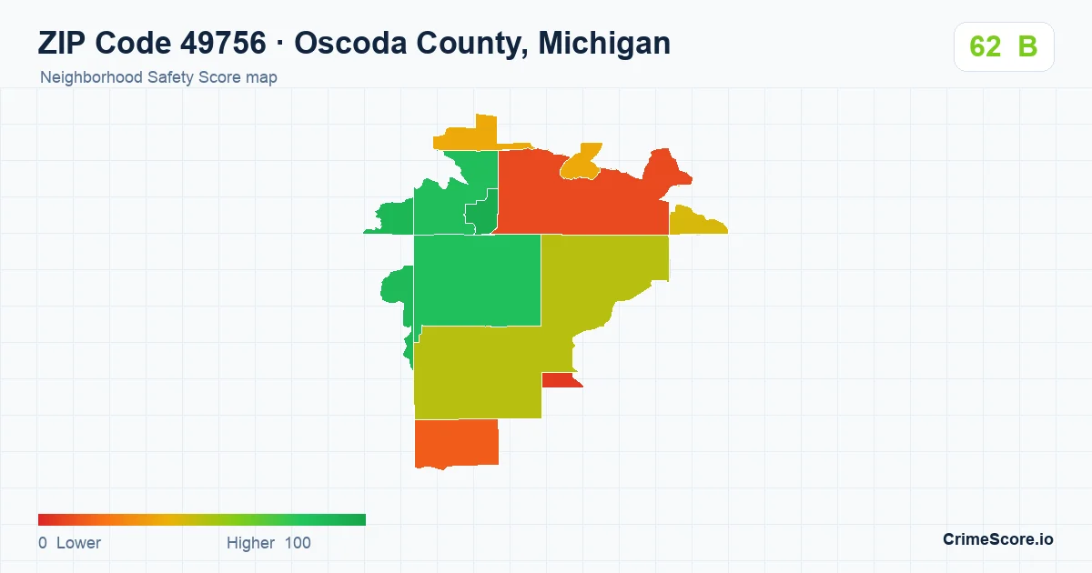ZIP Code 49756 in Oscoda County, Michigan neighborhood Safety Score map