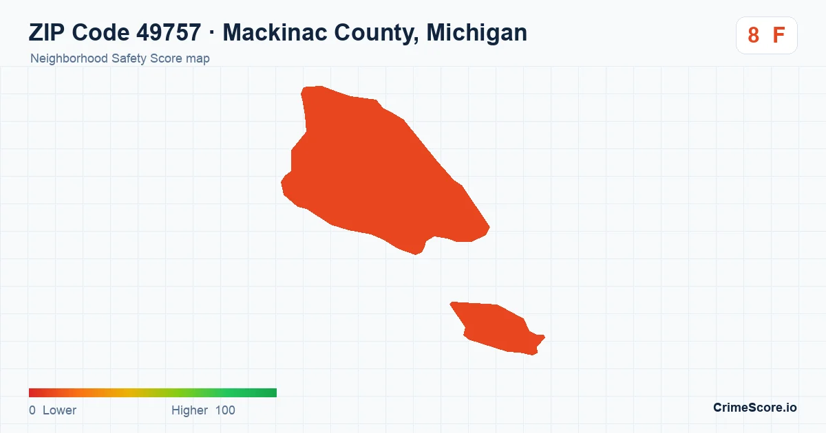 ZIP Code 49757 in Mackinac County, Michigan neighborhood Safety Score map