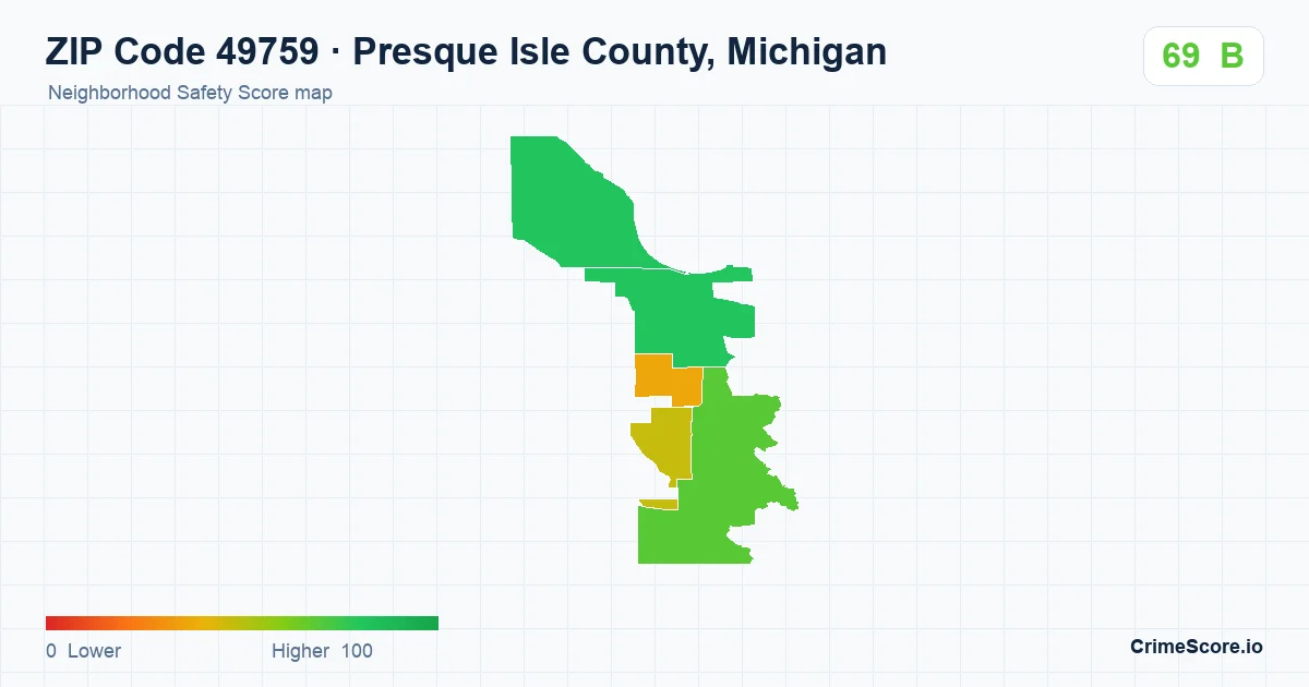 ZIP Code 49759 in Presque Isle County, Michigan neighborhood Safety Score map