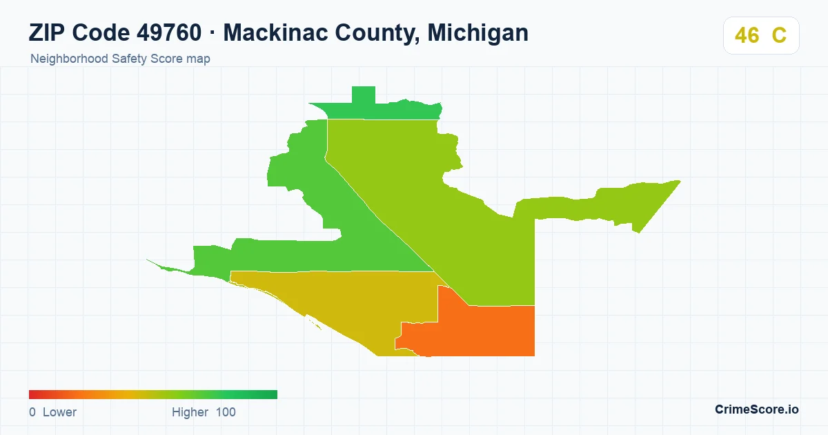 ZIP Code 49760 in Mackinac County, Michigan neighborhood Safety Score map