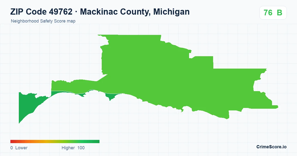 ZIP Code 49762 in Mackinac County, Michigan neighborhood Safety Score map
