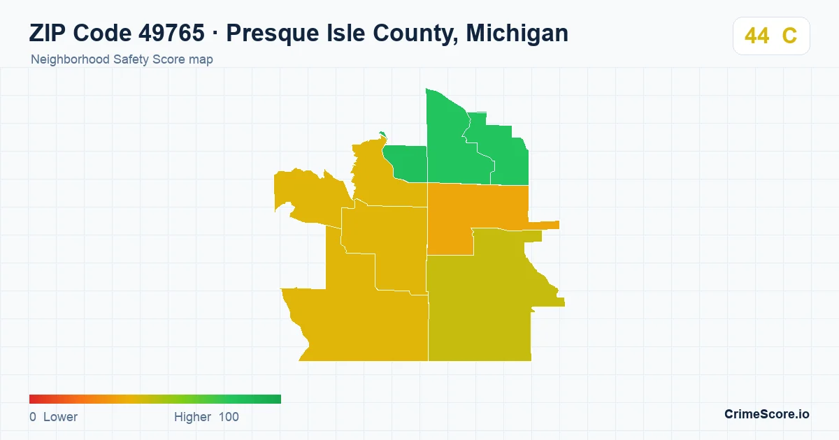 ZIP Code 49765 in Presque Isle County, Michigan neighborhood Safety Score map
