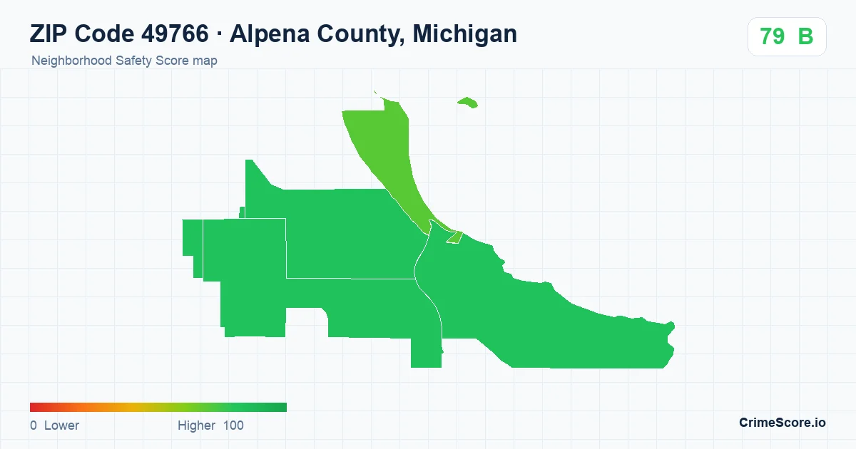 ZIP Code 49766 in Alpena County, Michigan neighborhood Safety Score map