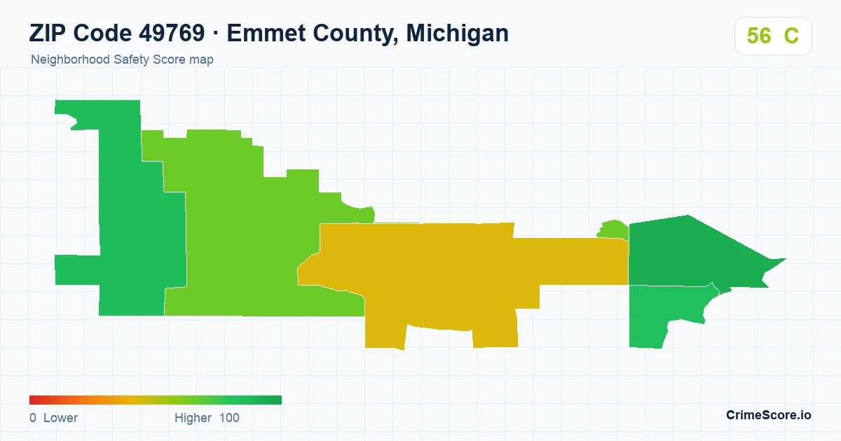 ZIP Code 49769 in Emmet County, Michigan neighborhood Safety Score map