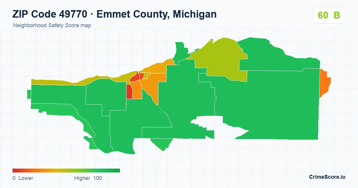 ZIP Code 49770 in Emmet County, Michigan neighborhood Safety Score map