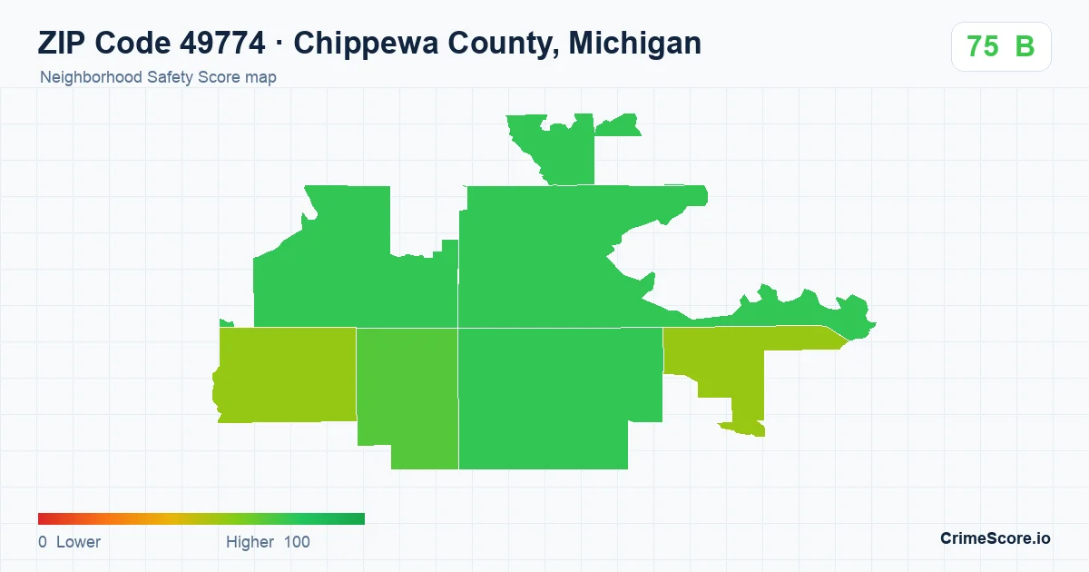ZIP Code 49774 in Chippewa County, Michigan neighborhood Safety Score map