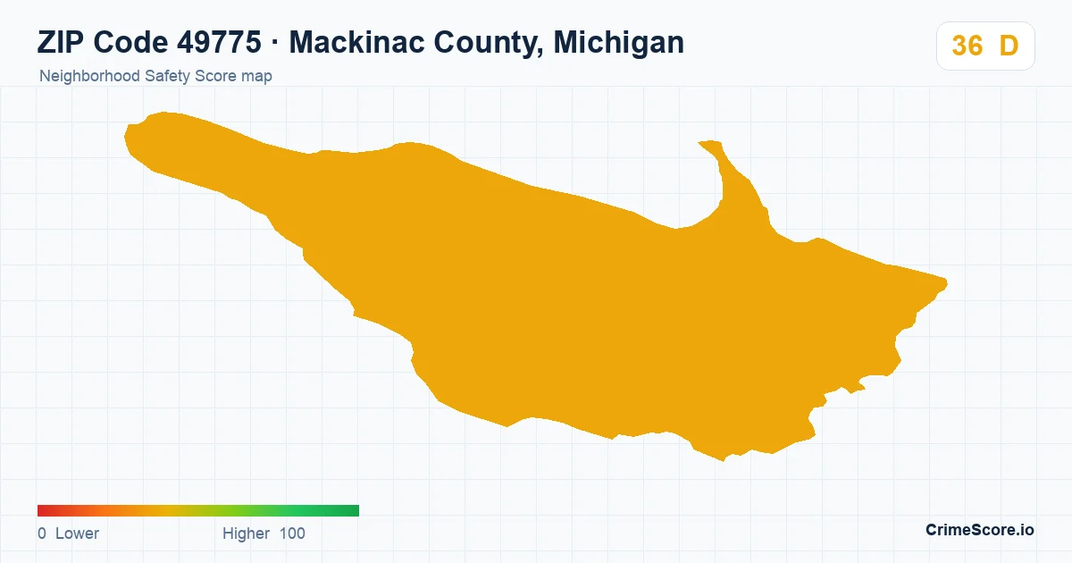 ZIP Code 49775 in Mackinac County, Michigan neighborhood Safety Score map