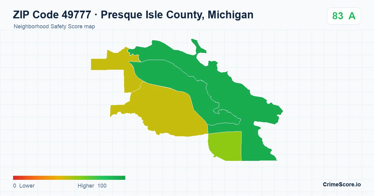 ZIP Code 49777 in Presque Isle County, Michigan neighborhood Safety Score map