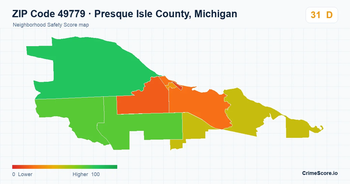 ZIP Code 49779 in Presque Isle County, Michigan neighborhood Safety Score map