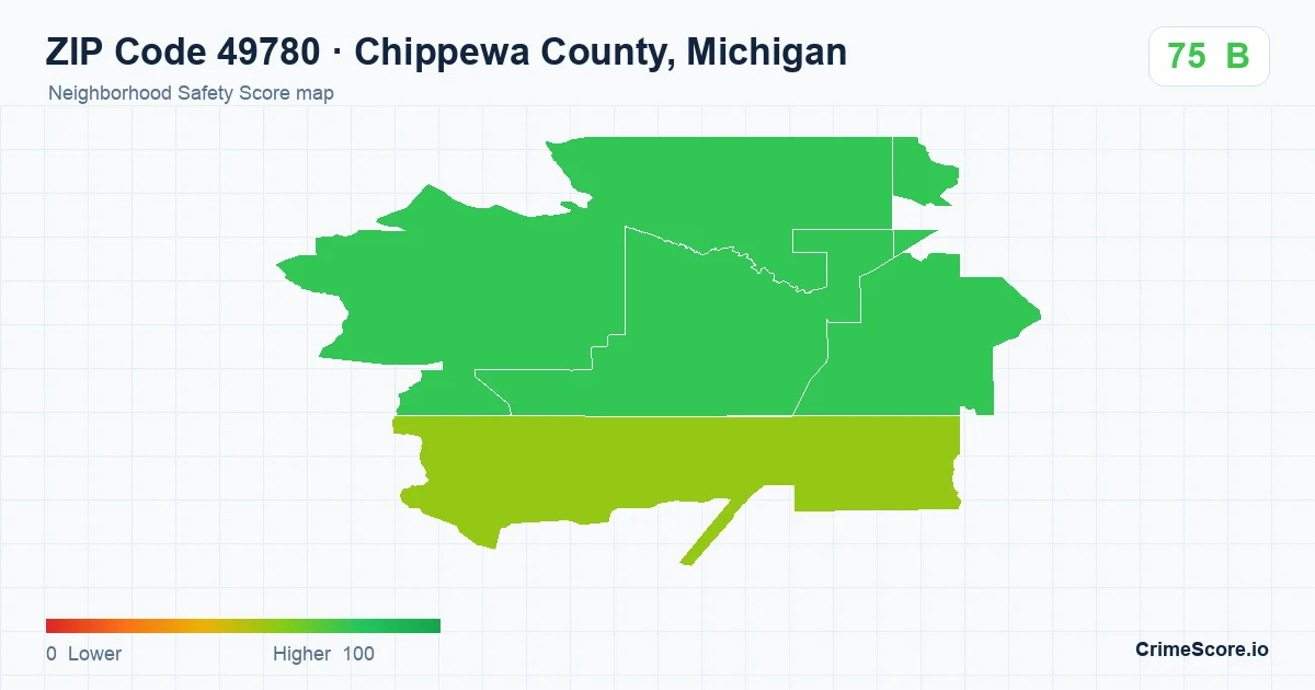 ZIP Code 49780 in Chippewa County, Michigan neighborhood Safety Score map