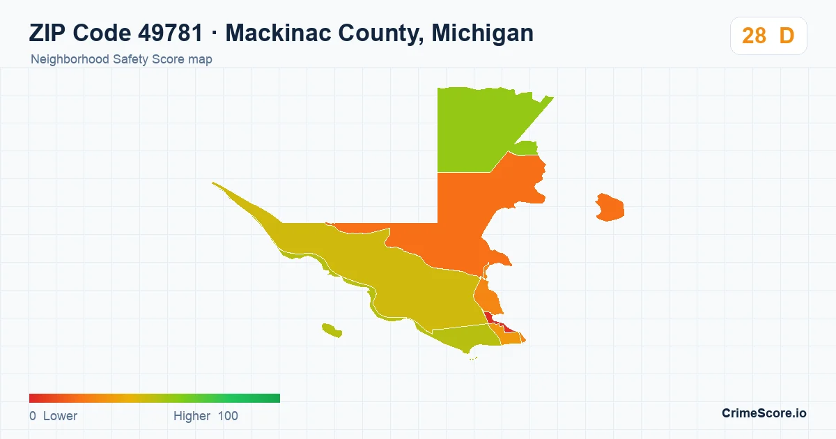 ZIP Code 49781 in Mackinac County, Michigan neighborhood Safety Score map