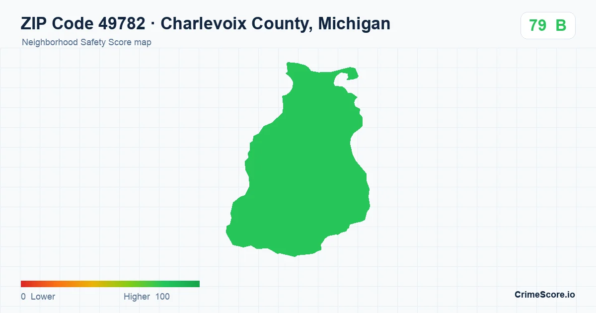 ZIP Code 49782 in Charlevoix County, Michigan neighborhood Safety Score map