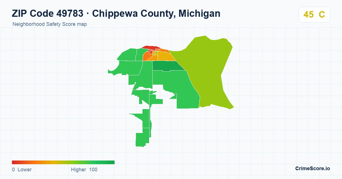 ZIP Code 49783 in Chippewa County, Michigan neighborhood Safety Score map