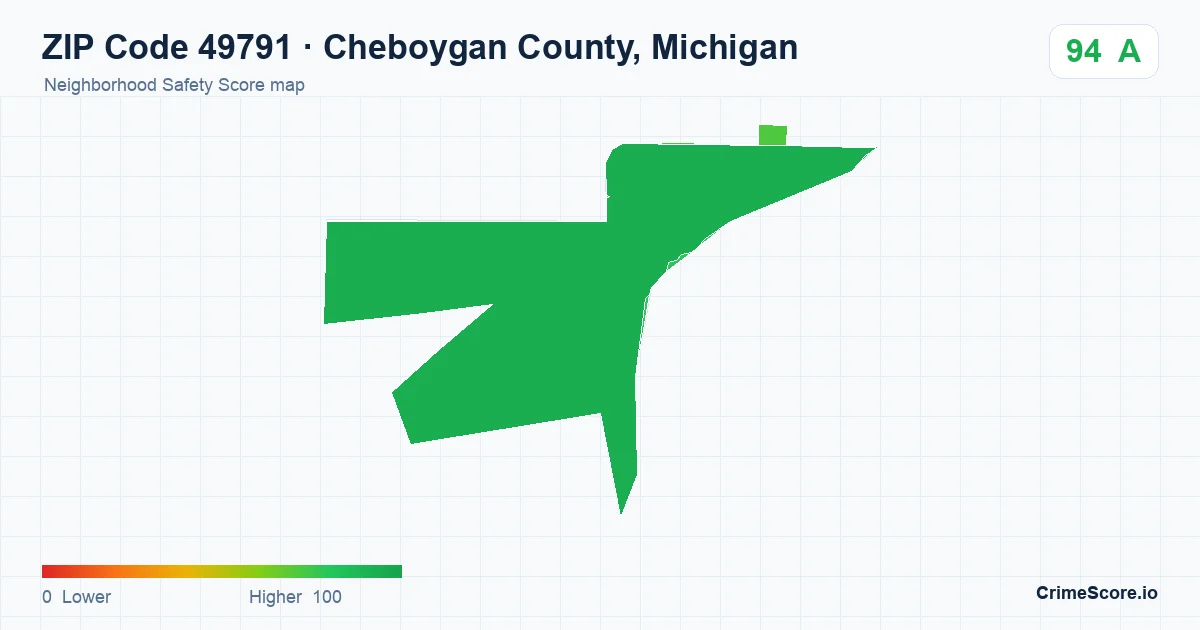 ZIP Code 49791 in Cheboygan County, Michigan neighborhood Safety Score map
