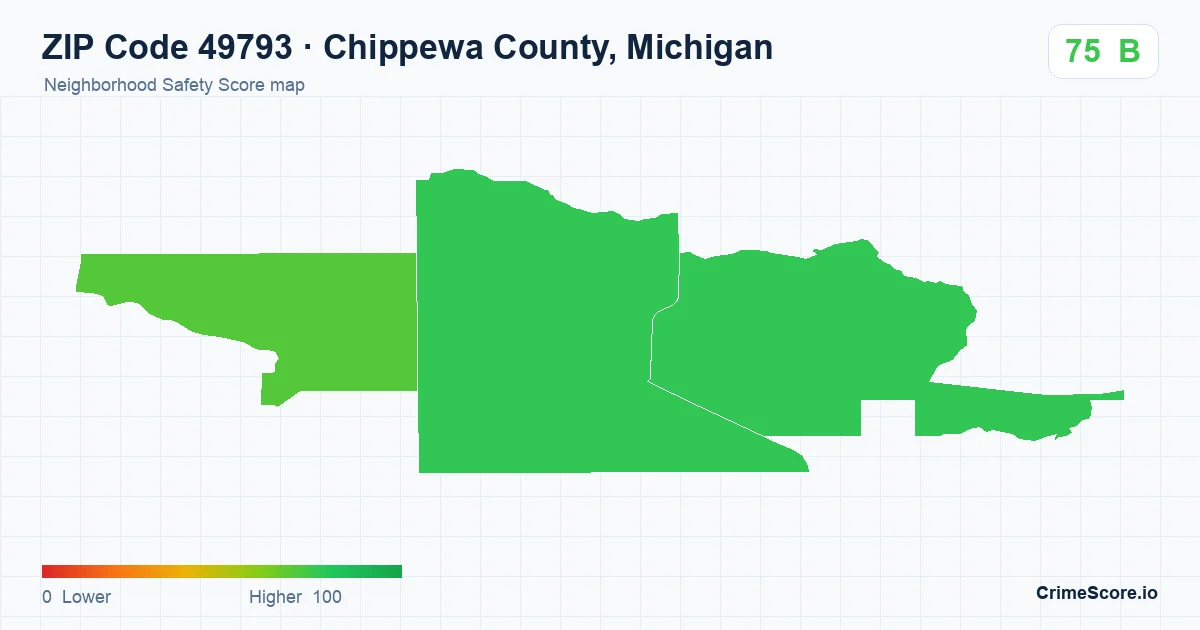 ZIP Code 49793 in Chippewa County, Michigan neighborhood Safety Score map