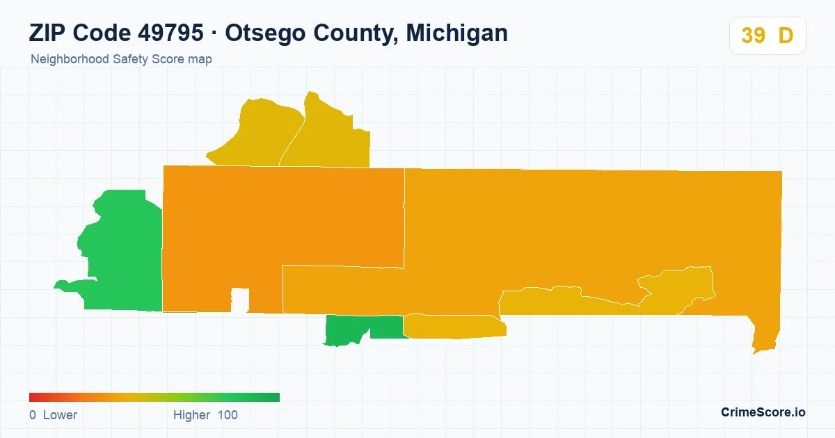 ZIP Code 49795 in Otsego County, Michigan neighborhood Safety Score map