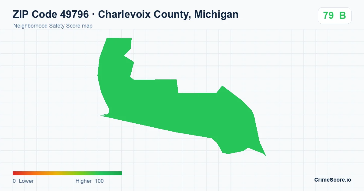 ZIP Code 49796 in Charlevoix County, Michigan neighborhood Safety Score map