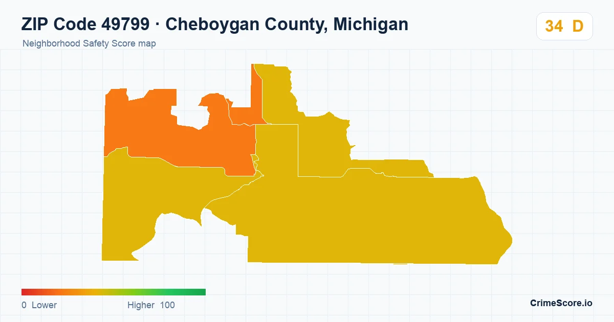 ZIP Code 49799 in Cheboygan County, Michigan neighborhood Safety Score map