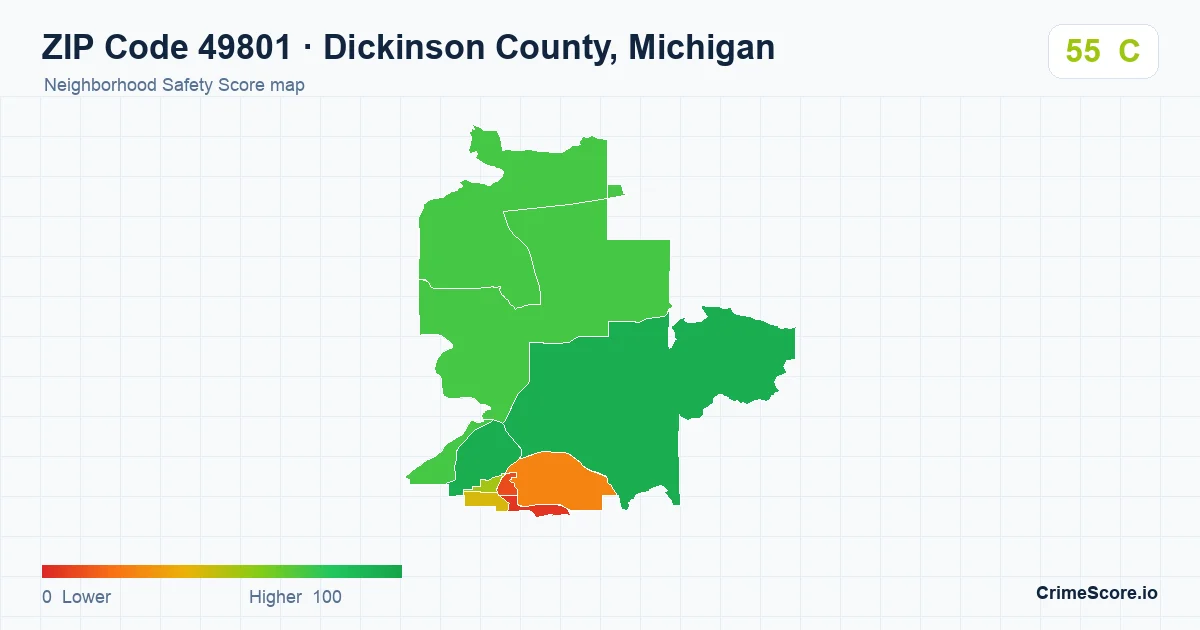 ZIP Code 49801 in Dickinson County, Michigan neighborhood Safety Score map