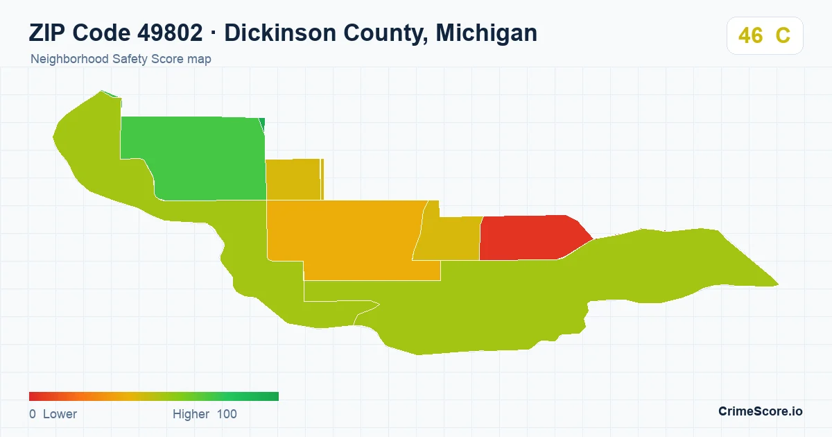 ZIP Code 49802 in Dickinson County, Michigan neighborhood Safety Score map