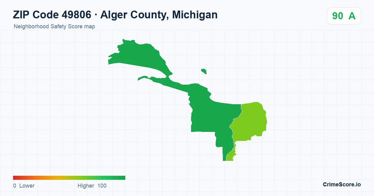ZIP Code 49806 in Alger County, Michigan neighborhood Safety Score map