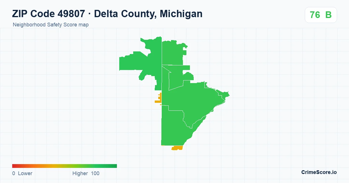 ZIP Code 49807 in Delta County, Michigan neighborhood Safety Score map