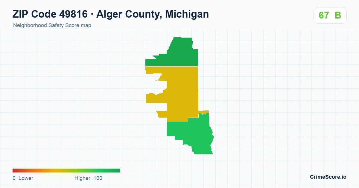 ZIP Code 49816 in Alger County, Michigan neighborhood Safety Score map