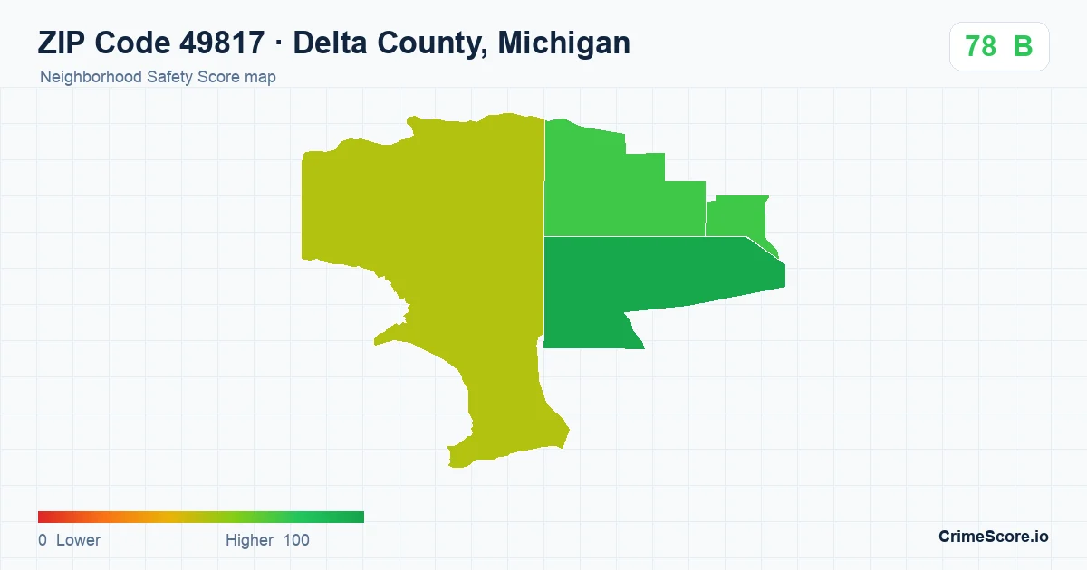 ZIP Code 49817 in Delta County, Michigan neighborhood Safety Score map