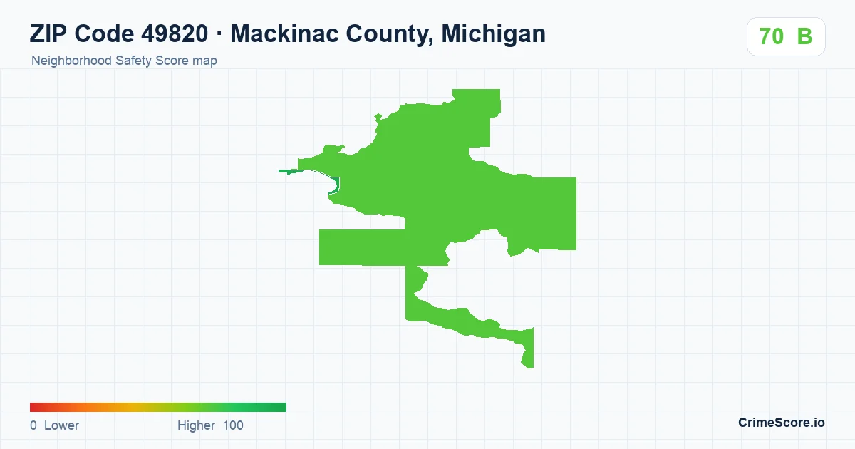 ZIP Code 49820 in Mackinac County, Michigan neighborhood Safety Score map