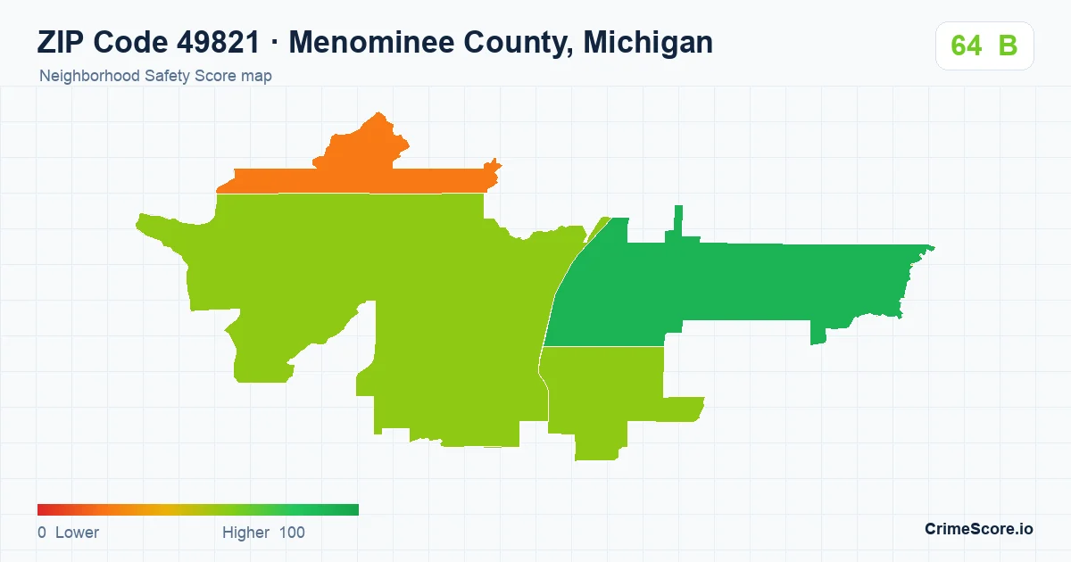 ZIP Code 49821 in Menominee County, Michigan neighborhood Safety Score map