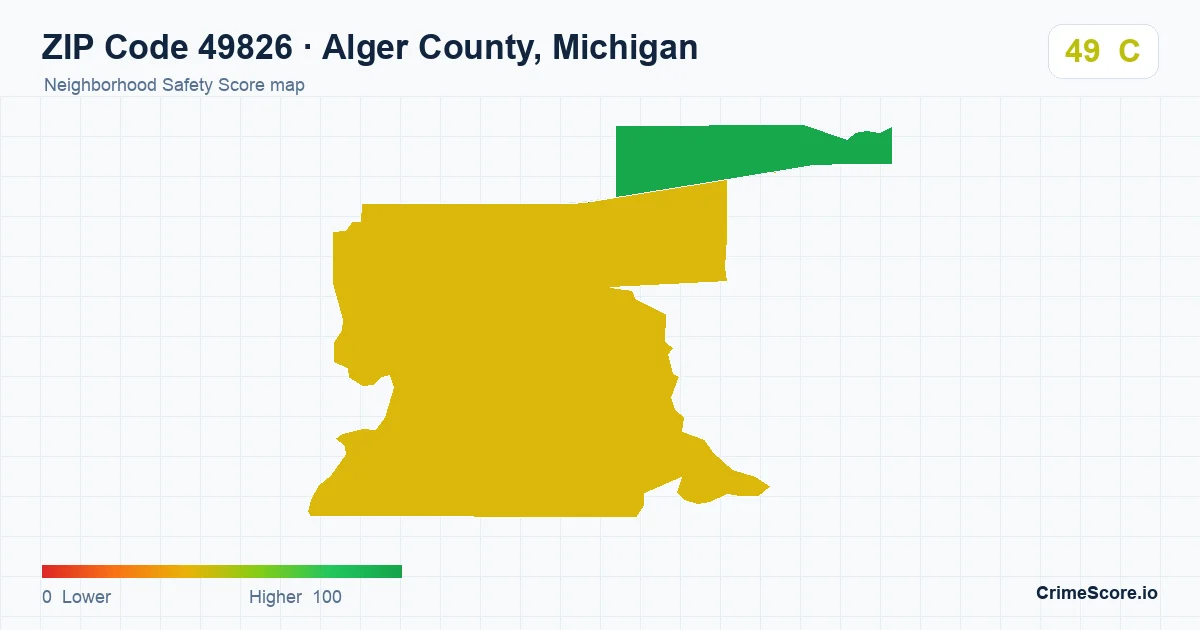 ZIP Code 49826 in Alger County, Michigan neighborhood Safety Score map