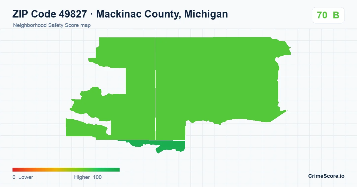 ZIP Code 49827 in Mackinac County, Michigan neighborhood Safety Score map