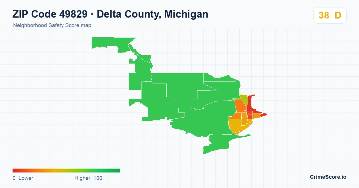 ZIP Code 49829 in Delta County, Michigan neighborhood Safety Score map