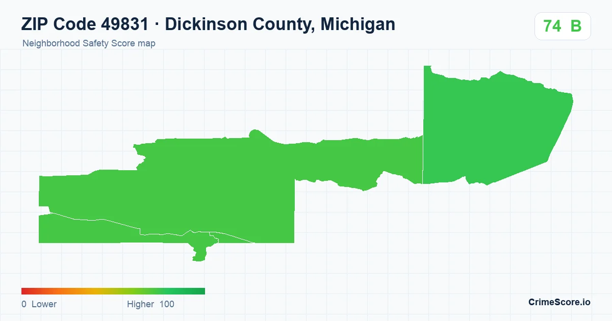 ZIP Code 49831 in Dickinson County, Michigan neighborhood Safety Score map