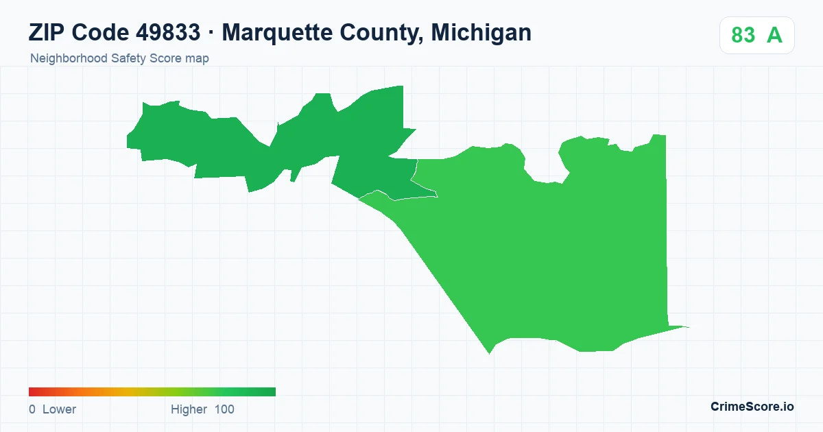ZIP Code 49833 in Marquette County, Michigan neighborhood Safety Score map