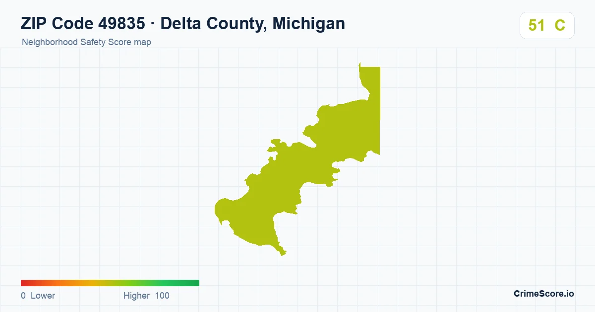 ZIP Code 49835 in Delta County, Michigan neighborhood Safety Score map