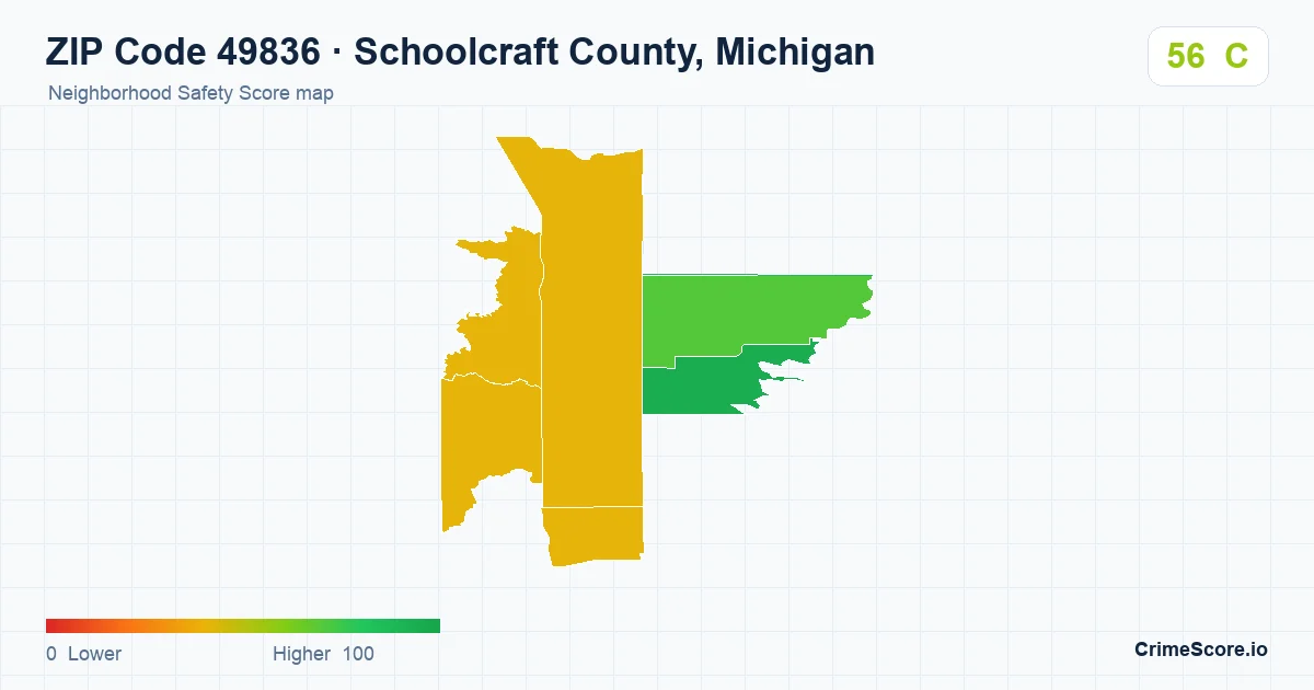 ZIP Code 49836 in Schoolcraft County, Michigan neighborhood Safety Score map