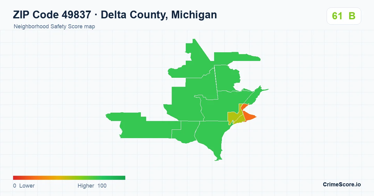 ZIP Code 49837 in Delta County, Michigan neighborhood Safety Score map