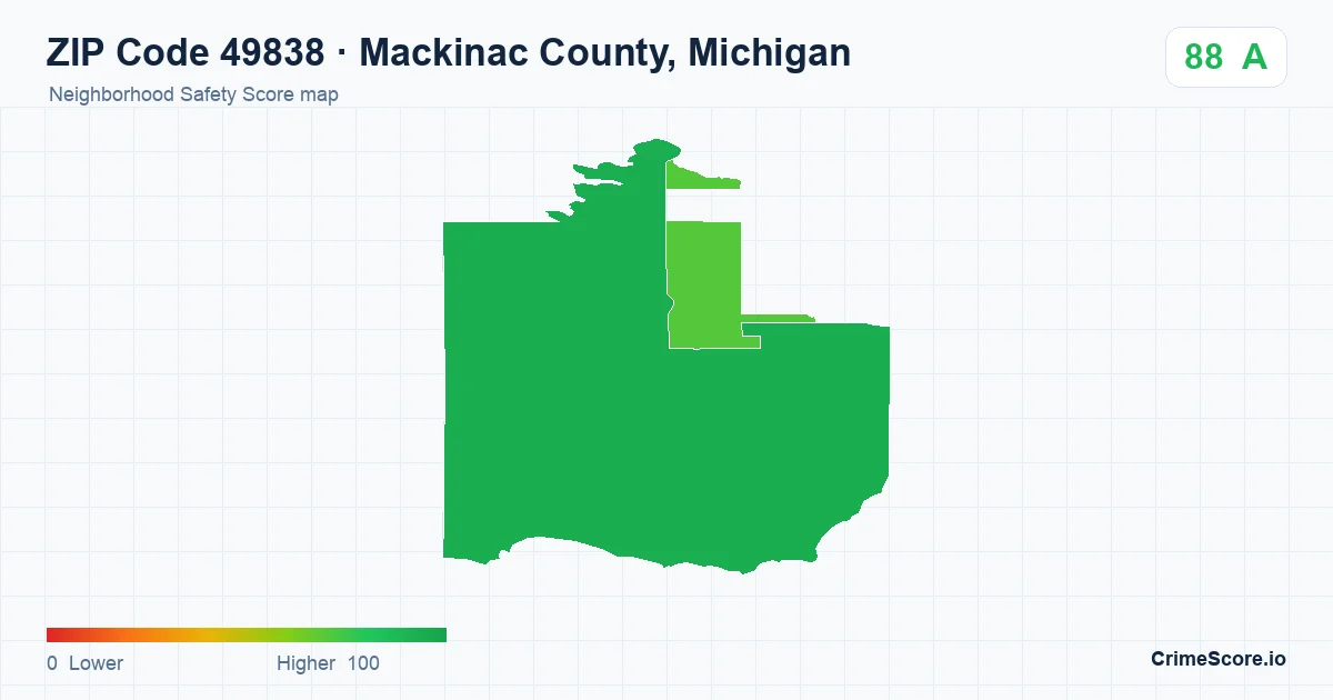 ZIP Code 49838 in Mackinac County, Michigan neighborhood Safety Score map