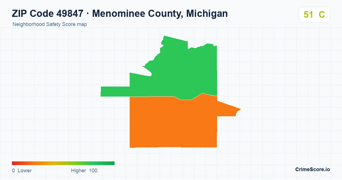 ZIP Code 49847 in Menominee County, Michigan neighborhood Safety Score map