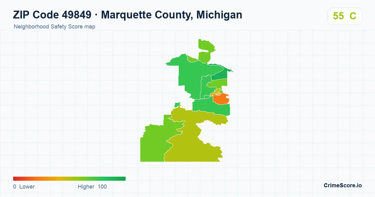 ZIP Code 49849 in Marquette County, Michigan neighborhood Safety Score map