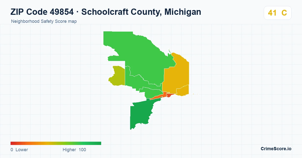 ZIP Code 49854 in Schoolcraft County, Michigan neighborhood Safety Score map