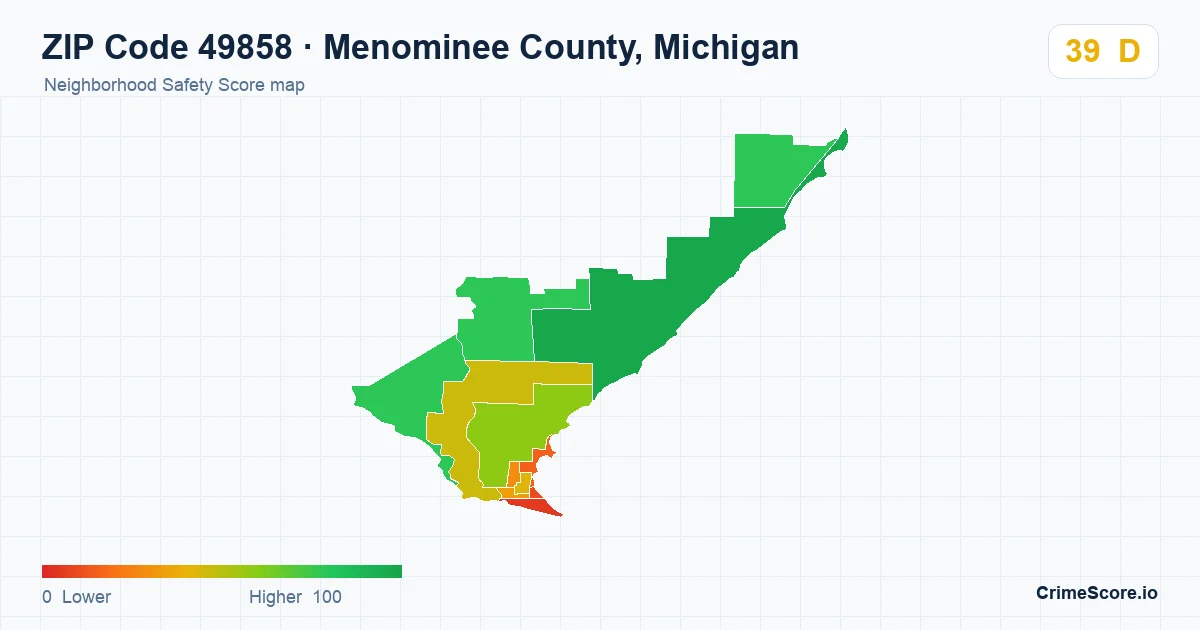 ZIP Code 49858 in Menominee County, Michigan neighborhood Safety Score map