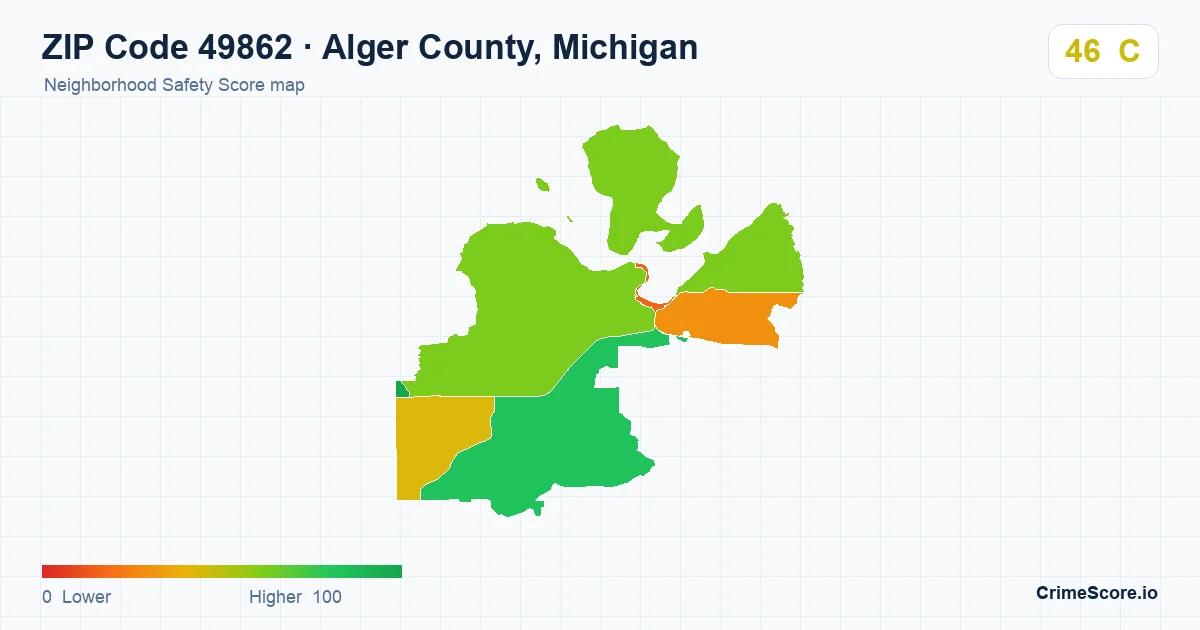 ZIP Code 49862 in Alger County, Michigan neighborhood Safety Score map
