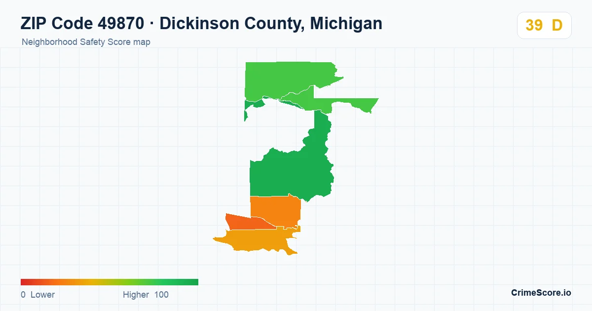 ZIP Code 49870 in Dickinson County, Michigan neighborhood Safety Score map